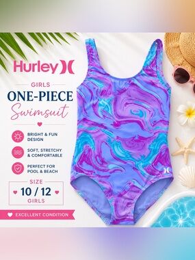 Hurley Girls Marble Print One Piece Swimsuit Girls Size M (10-12)